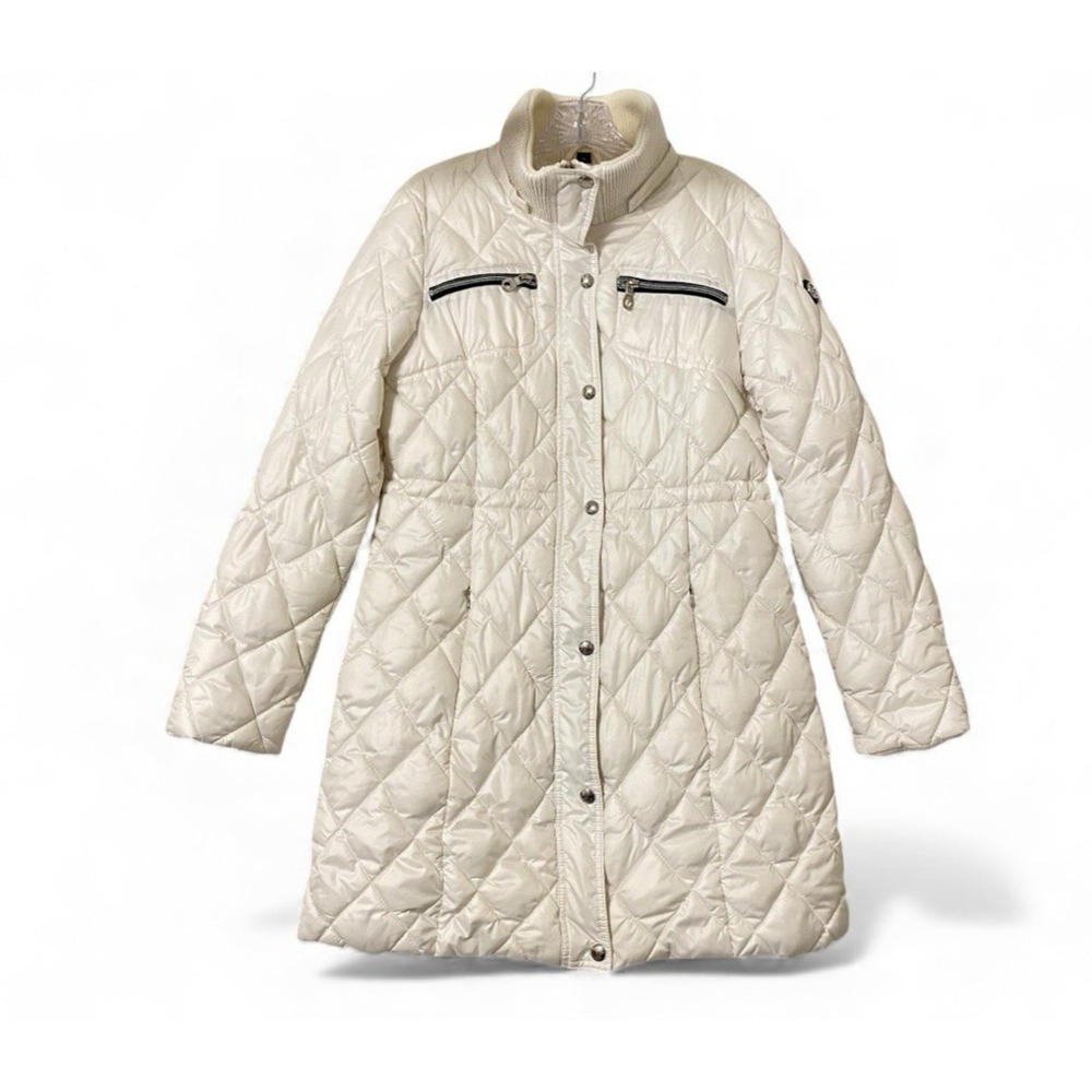 Guess Quilted Long Coat Size M White Diamond Stitch Y2K Minimalist Apres Ski